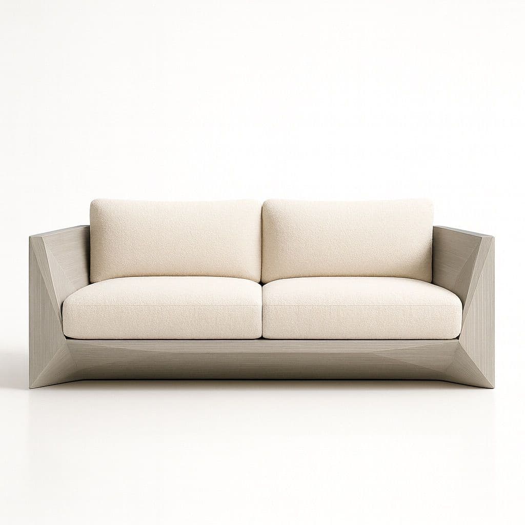 A modern sofa with a geometric frame and upholstered cushions. The frame has sharp, angled lines, particularly on the sides, creating a distinctive, sculptural appearance. The seat and back cushions are plush and appear to be made of a textured fabric. — 3D model