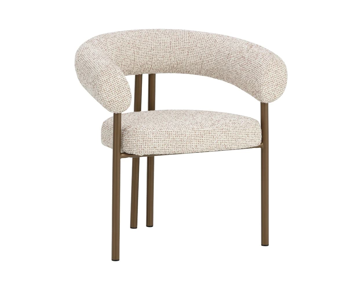 A contemporary accent chair with a curved backrest and integrated armrests, upholstered in a textured cream fabric, supported by slender bronze-toned metal legs. — 3D model