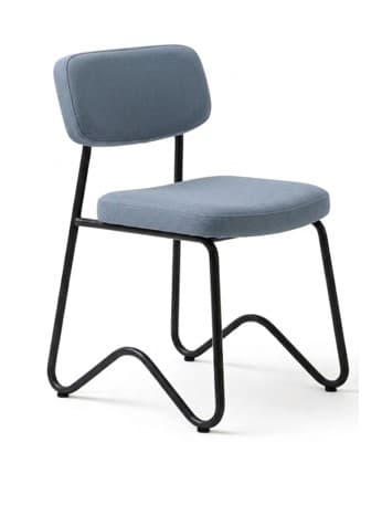 An armless modern dining chair featuring a matte black tubular metal frame with a distinctive S-shaped sled base, and upholstered seat and backrest in a blue-gray fabric. — 3D model