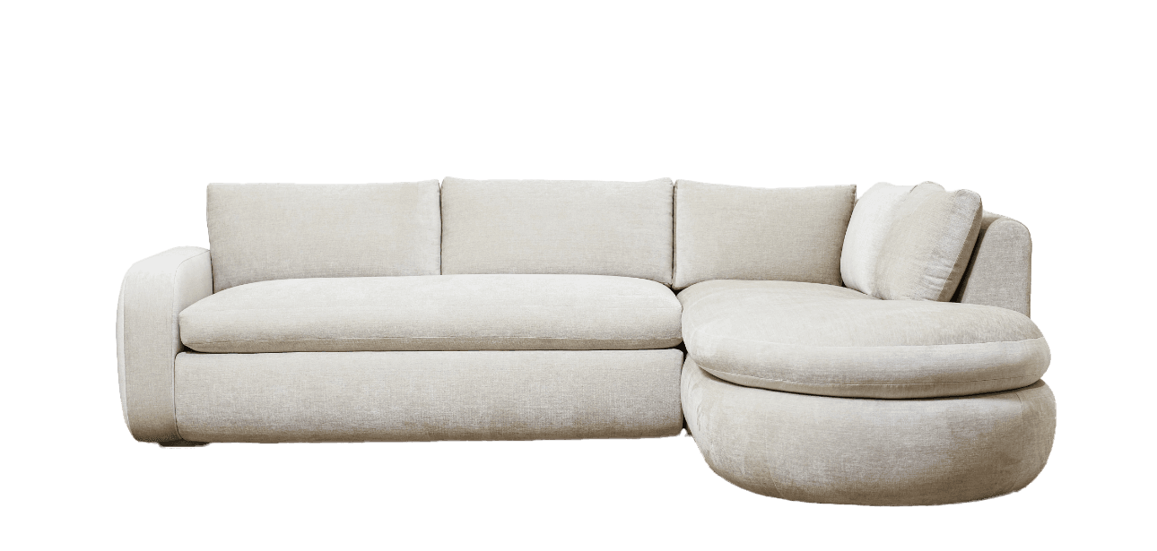 A cream-colored sectional sofa with a chaise lounge. The sofa has three seat cushions and three back cushions. The chaise lounge is rounded and appears to be a substantial size. The sofa has a modern, rounded aesthetic. — 3D model