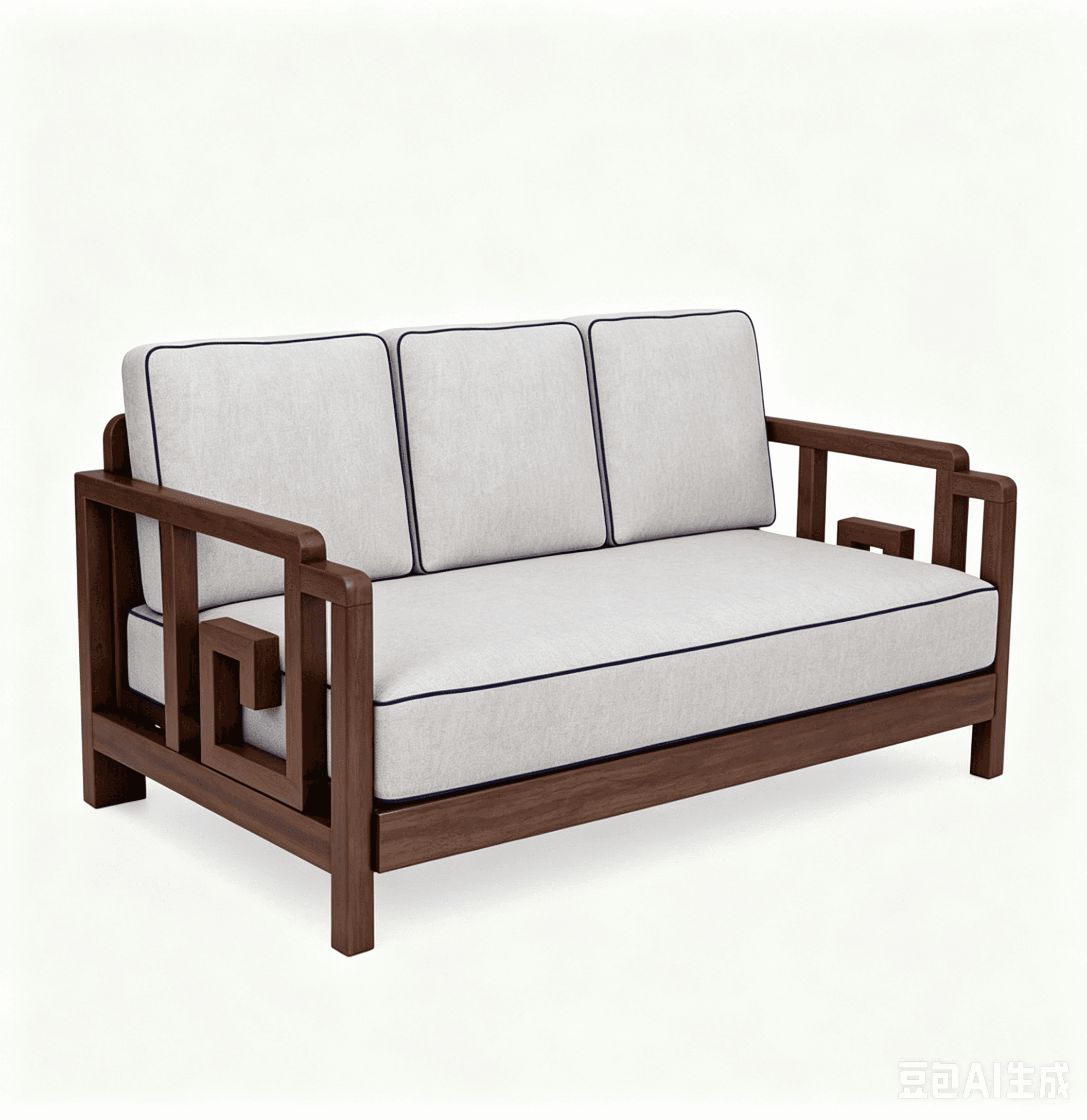 A modern three-seater sofa featuring a robust dark wood open frame and light-colored fabric cushions with contrasting blue piping. The armrests incorporate a distinct geometric design, suggesting an Asian-inspired or contemporary aesthetic. The sofa appears well-constructed with clean lines. — 3D model