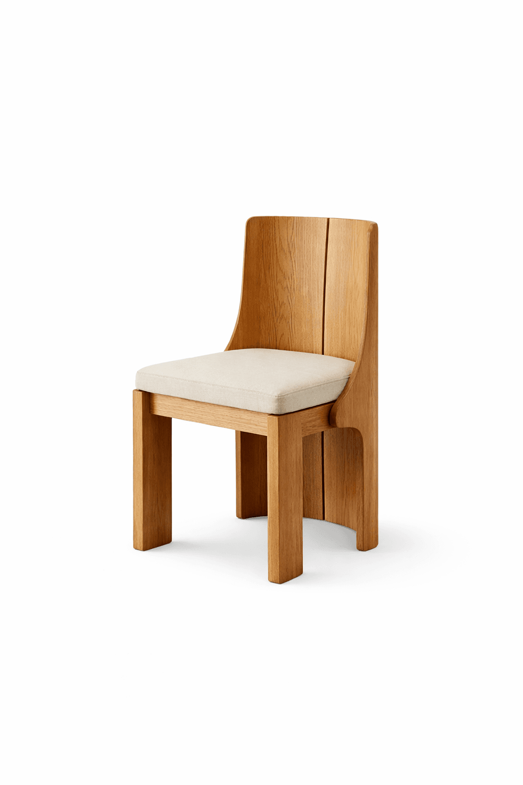A wooden dining chair with a cushioned seat and a sculpted backrest. The chair features a light wood finish and a simple, modern design. The backrest is divided into two vertical panels and has a gently curved upper edge. The seat is upholstered in a light-colored fabric. The legs are straight and sturdy, providing a stable base. — 3D model