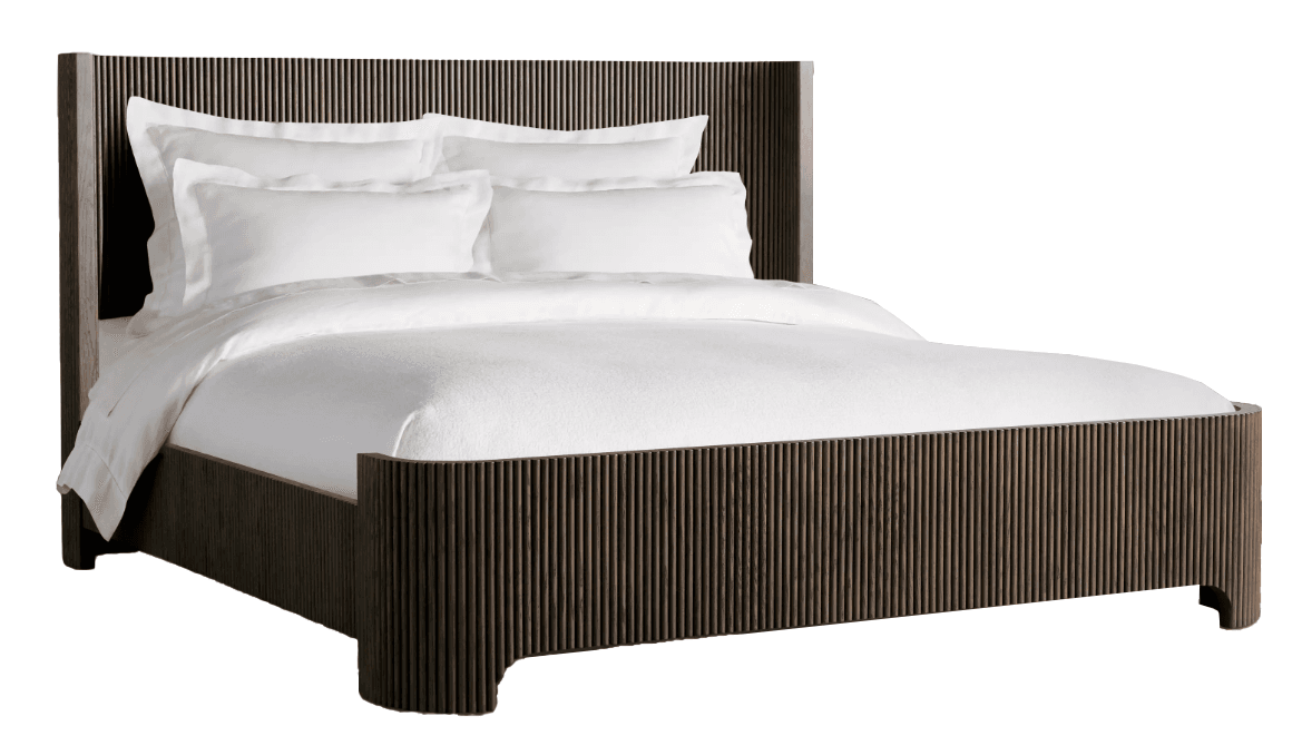 A queen-sized bed frame with a slatted headboard and footboard. The headboard features vertical slats and extends upwards with a winged design. The frame has a sleek, modern profile with curved corners and vertical slat detailing on the sides and footboard. The bed is dressed with white bedding, including a duvet and pillows. — 3D model