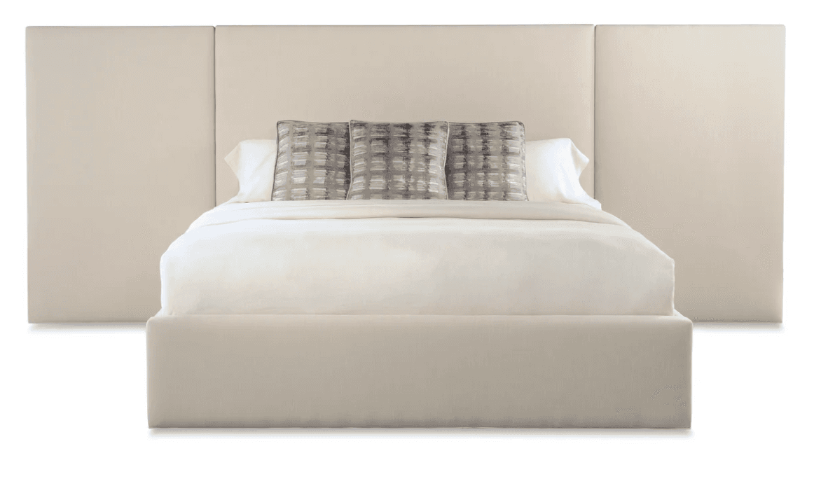 A contemporary upholstered platform bed featuring an extra-wide panel headboard and a matching upholstered base. The bed is designed with clean lines and a minimalist aesthetic. — 3D model