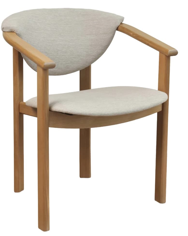 A Scandinavian style dining armchair featuring a light-colored wooden frame with integrated armrests and upholstered seat and back in a neutral beige fabric. The design is minimalist with clean lines and a curved backrest. — 3D model