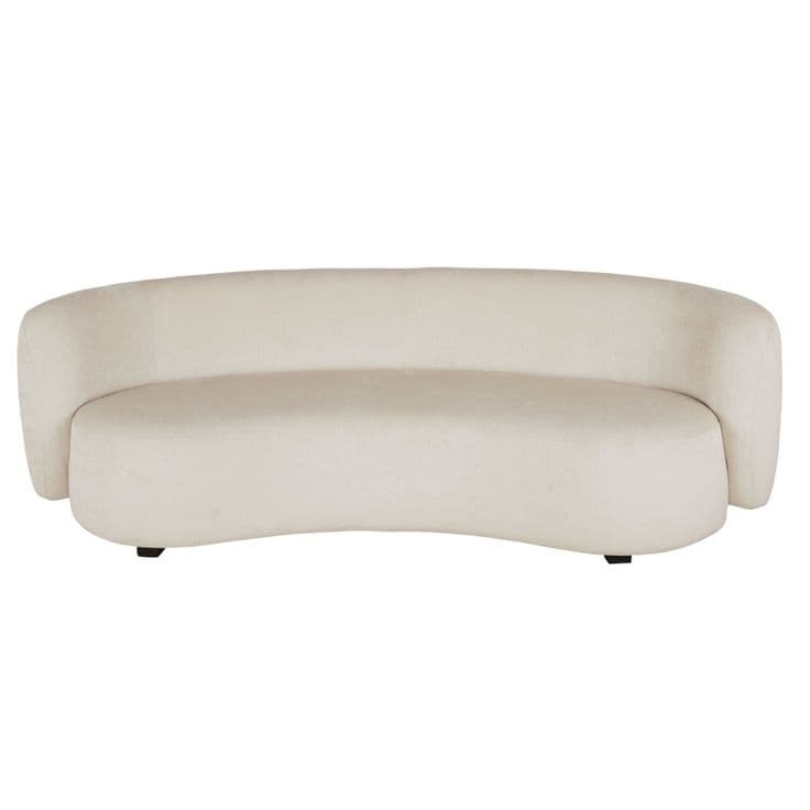 A cream-colored, curved sofa with a plush fabric upholstery. The sofa features rounded arms that seamlessly integrate into the backrest, and it sits on short, dark-colored legs. The overall design is modern and organic, with a sinuous silhouette. — 3D model