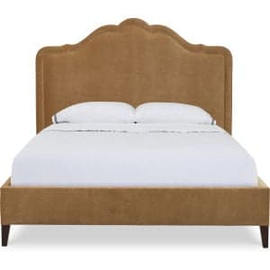 A queen-sized bed frame with an upholstered headboard and footboard. The headboard features a scalloped, crown-like shape with rounded corners and subtle tufting or contouring. The frame is upholstered in a textured, golden-brown fabric and rests on four short, dark wooden legs. The bed is dressed with white linens and two pillows. — 3D model