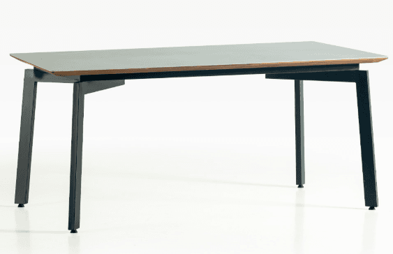A modern rectangular dining table featuring a dark gray tabletop with a visible wooden edge, supported by robust, angled dark-colored metal legs. The design emphasizes clean lines and a contemporary aesthetic. — 3D model