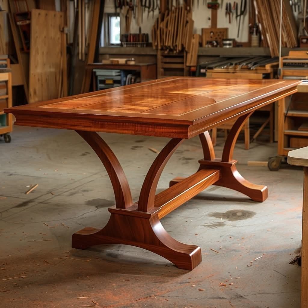 A wooden table base with a dual pedestal design. Each pedestal features a wide, flared foot and two upward-curving legs that meet at a central horizontal support. The wood has a rich, warm tone with visible grain. — 3D model