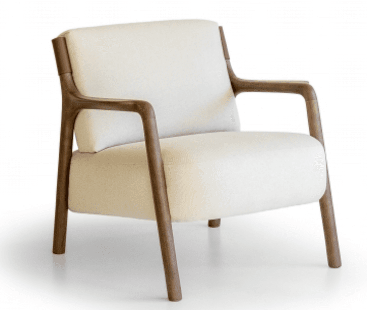 An upholstered armchair featuring a distinctive exposed solid wood frame that forms the legs, armrests, and outlines the backrest. The upholstery is a light, neutral-toned fabric, providing a clean and modern aesthetic. — 3D model