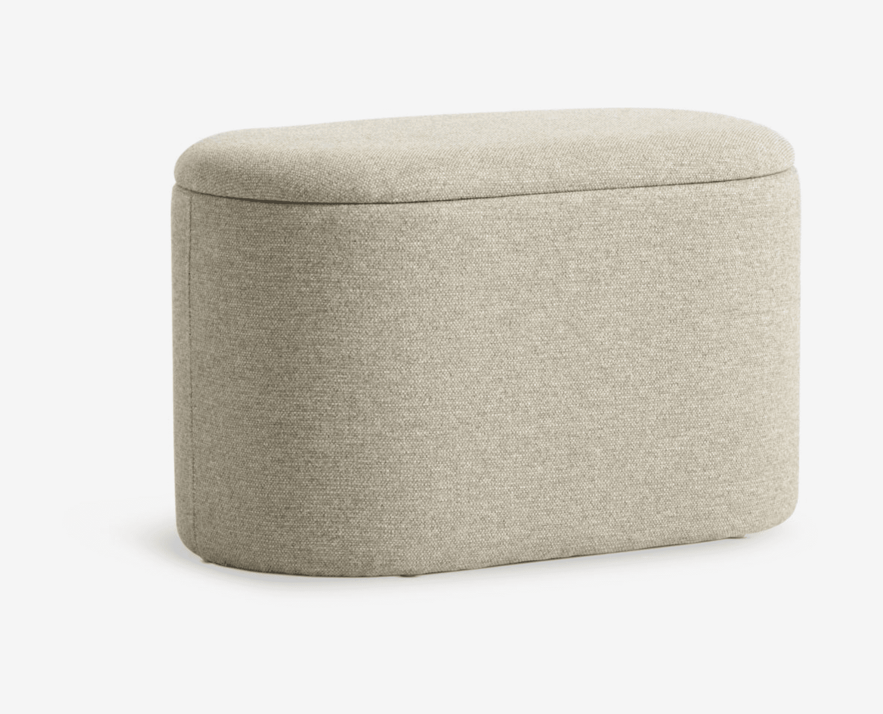 An upholstered ottoman featuring an elongated oval shape and a removable lid, designed for both seating and hidden storage. It is covered in a light beige, textured woven fabric. — 3D model