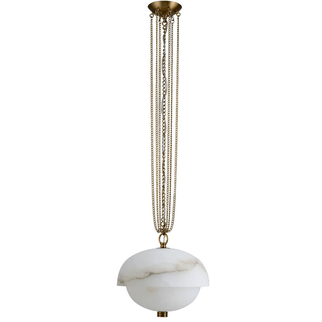 A pendant light featuring a tiered spherical shade made of white marble with distinct natural veining, suspended by multiple antique brass chains from a circular brass ceiling canopy. — 3D model