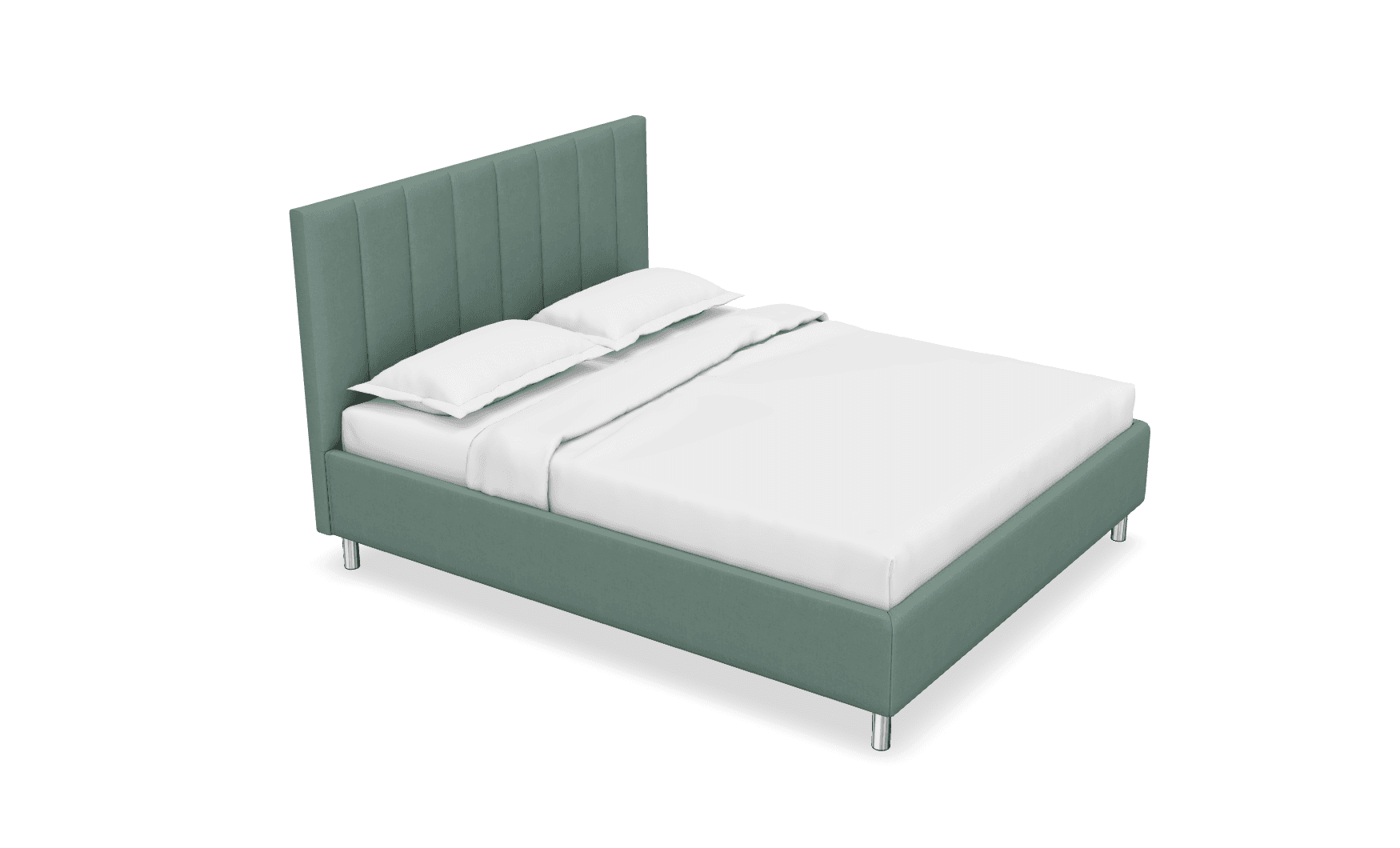 An upholstered platform bed featuring a tall, integrated headboard with vertical channel tufting, finished in a muted sage green fabric. The bed frame is low-profile, supported by four slender cylindrical metal legs, and includes white bedding with two pillows and a duvet. — 3D model