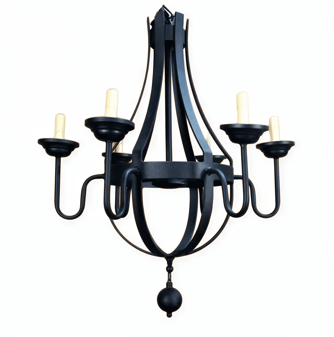 A matte black wrought iron chandelier featuring a central cage-like frame and five curved arms, each terminating in a candle-style light socket. The fixture has a dark, uniform finish and includes a decorative spherical finial at its base. The design evokes a rustic or transitional aesthetic, suitable for various interior settings. — 3D model