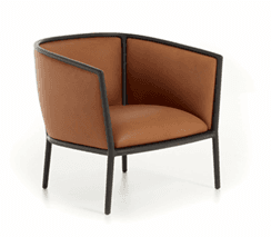 A contemporary barrel lounge chair featuring a dark, exposed metal frame that wraps around the back and sides, supporting upholstered panels and a seat cushion. The upholstery is a smooth, tan or cognac-colored leather. The design is minimalist and modern, offering a comfortable seating solution with a distinct profile. — 3D model