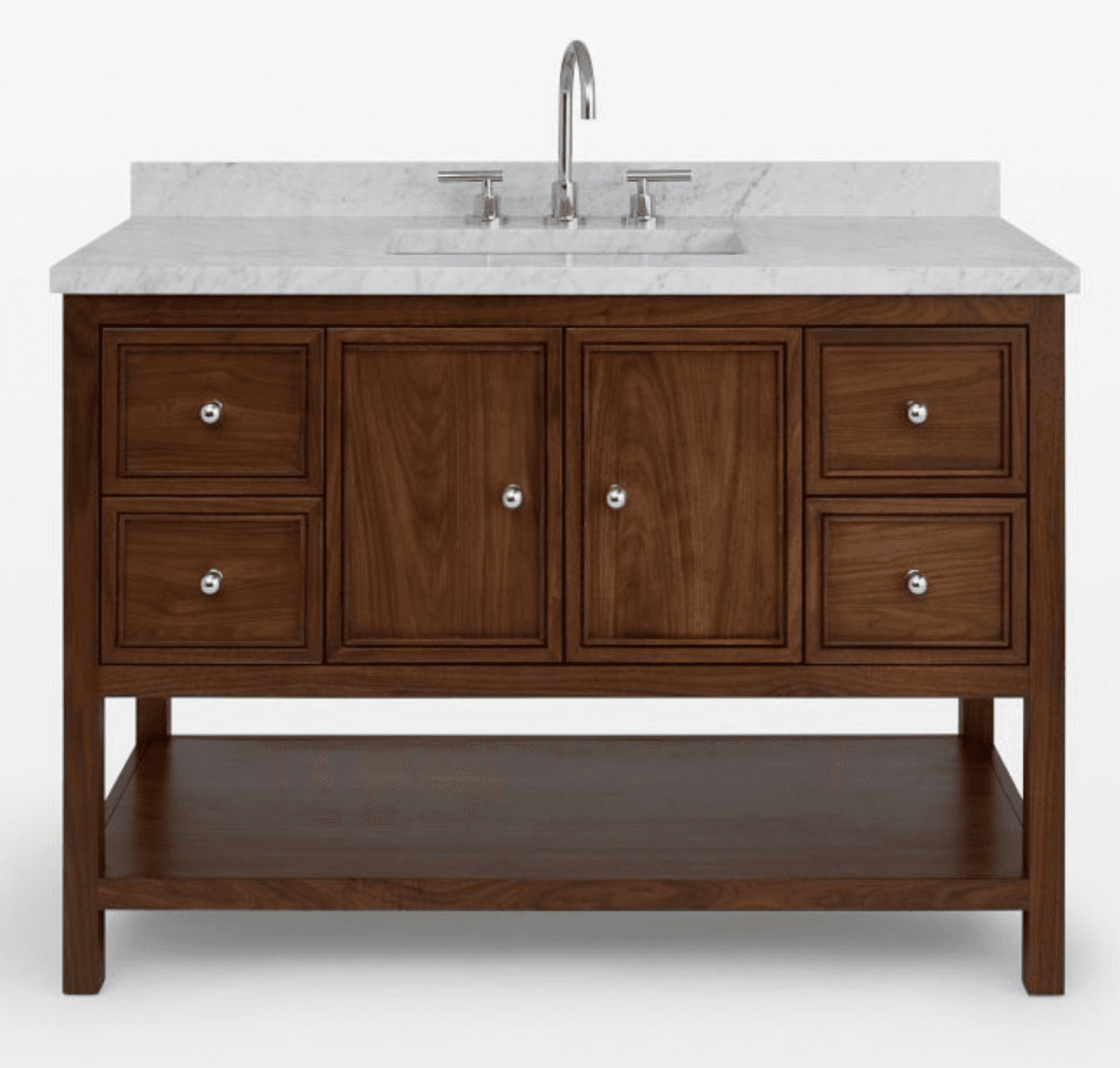 A freestanding bathroom vanity unit with a white marble countertop, featuring a built-in sink and a chrome faucet. The vanity base is constructed from dark wood and has a design with two central cabinet doors and four drawers, two on each side. Below the cabinet and drawer section, there is an open shelf. — 3D model