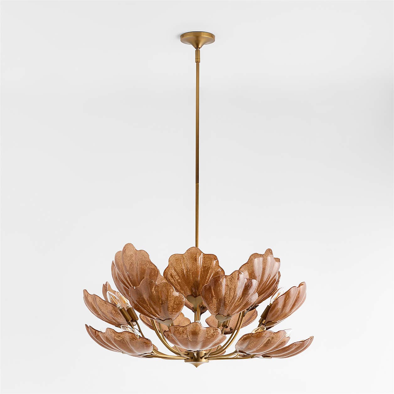 A multi-tiered chandelier featuring numerous petal-shaped shades made from textured amber-colored glass, mounted on a brass-finished metal frame. It is suspended from the ceiling by a rigid brass rod. — 3D model