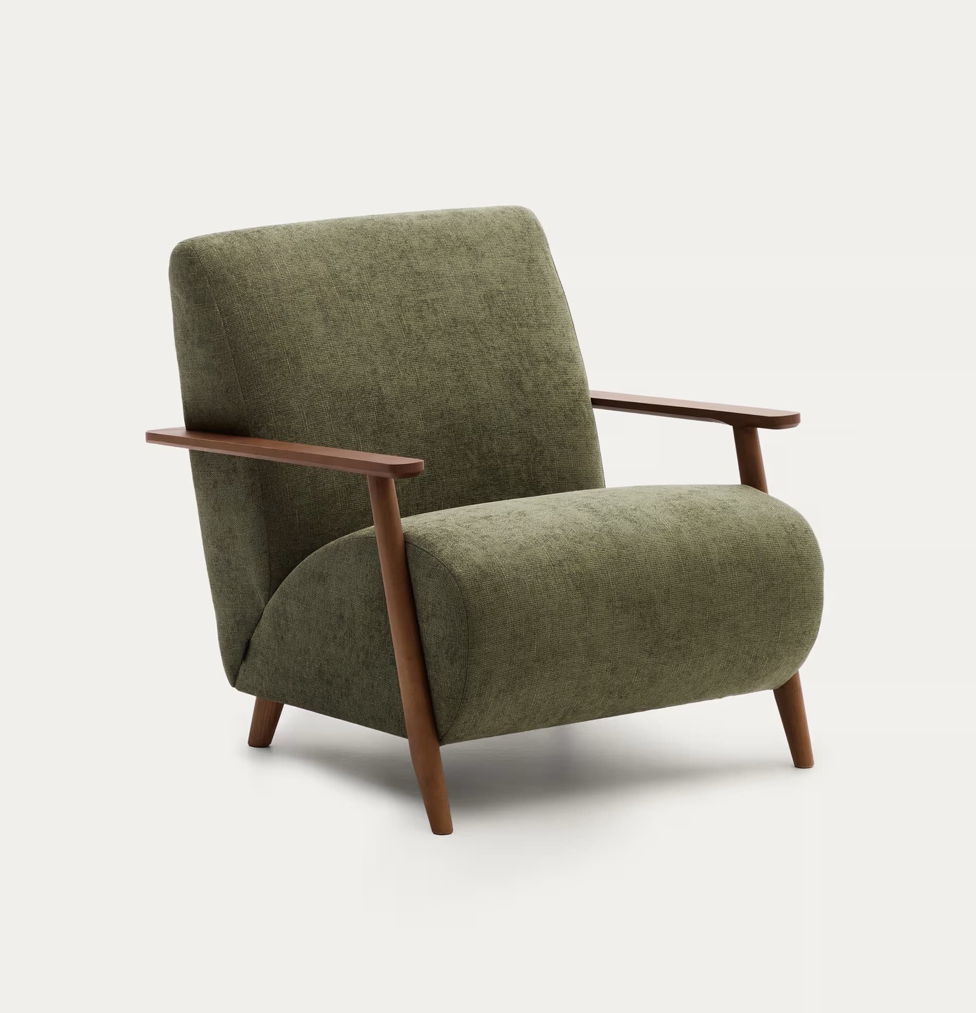 An upholstered armchair featuring a distinctive mid-century modern aesthetic. The chair is covered in a textured olive green fabric. It has exposed, subtly sloped wooden armrests and four splayed, tapered wooden legs, offering a light and airy appearance. The backrest is gently curved, seamlessly flowing into the seat and the side panels, which partially enclose the lower seat area. The design emphasizes clean lines and functional elegance. — 3D model