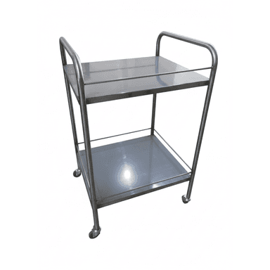 A two-tier utility cart constructed from polished stainless steel, featuring a tubular frame with integrated handles on two sides and four swivel casters for mobility. Each shelf has a raised edge to prevent items from falling off. The design is utilitarian and robust. — 3D model (AI enhanced source)