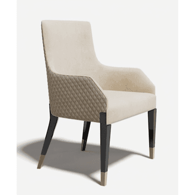 An elegant contemporary dining armchair featuring a light-colored upholstered seat and back, with distinctive diamond-quilted panels on the lower exterior back and sides. The chair has integrated armrests that flow seamlessly from the backrest. It is supported by four tapered dark-finished legs, each adorned with a brass-colored metallic cap at the foot. — 3D model (AI enhanced source)