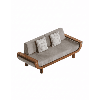 A contemporary two-seater loveseat with an exposed curved wooden frame, upholstered in grey fabric, and accented with brass inlays. — 3D model (AI enhanced source)