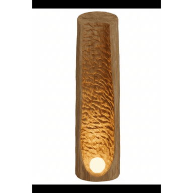 A tall, cylindrical floor lamp crafted from a solid piece of wood, featuring a deeply carved interior surface that creates an organic, rippled texture. A spherical light source is recessed at the base of the carved cavity, emitting a warm glow that highlights the natural wood grain and intricate textures. The exterior of the lamp maintains a more natural, tree-trunk-like appearance. — 3D model (AI enhanced source)