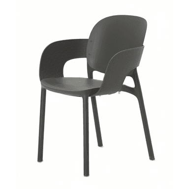 A contemporary dark gray armchair crafted from molded plastic, featuring a single-piece construction for the seat, backrest, and integrated armrests. The armrests and upper backrest display a fine ribbed texture, while the chair is supported by four sturdy, slender legs of the same material. — 3D model (AI enhanced source)