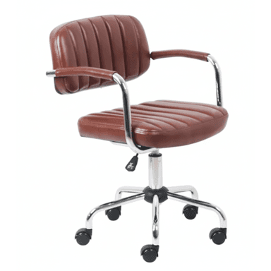 A brown office chair featuring ribbed faux leather upholstery on both the seat and backrest, complemented by padded armrests. The chair is supported by a five-star chrome base equipped with black casters, allowing for mobility. It also includes a gas lift mechanism for height adjustment. — 3D model (AI enhanced source)