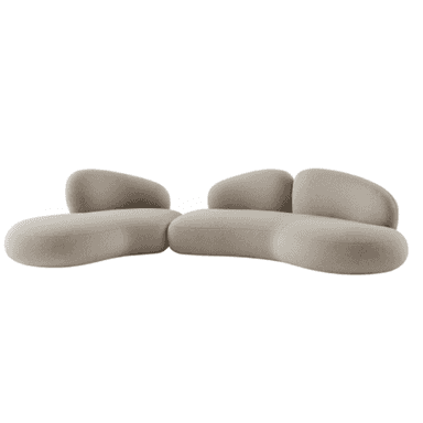 A contemporary modular sectional sofa featuring an organic, biomorphic design with soft, rounded contours. The sofa appears to be composed of two distinct sections that can be arranged to form a larger seating unit. It is fully upholstered in a light beige or greige fabric, emphasizing its plush and inviting aesthetic. The design is low-profile with no visible legs, creating a continuous, floating appearance. — 3D model (AI enhanced source)