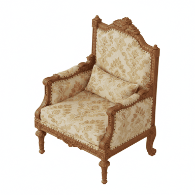 An ornate traditional armchair featuring a prominent carved wooden frame and rich floral upholstery. The chair has a high, slightly curved back with intricate carving at the crest. The armrests are also carved, flowing into the front legs which are turned and fluted, ending in small bun feet. The seat and backrest are generously upholstered in a patterned fabric, and a matching lumbar pillow is included. Decorative nailhead trim borders the upholstery panels. — 3D model (AI enhanced source)