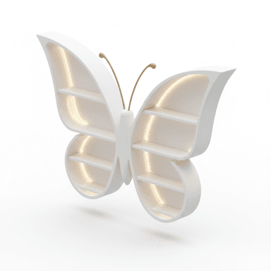 A white, butterfly-shaped decorative shelving unit featuring multiple internal compartments with integrated lighting and gold-colored antennae. — 3D model (AI enhanced source)