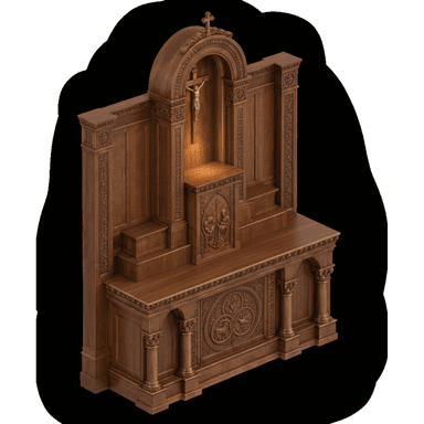 An intricately carved wooden altar featuring a reredos (altar screen) with an arched niche, housing a brass crucifix. The piece is constructed from rich, dark-stained wood, exhibiting detailed relief carvings, fluted columns, and decorative paneling. The lower section functions as the altar table, adorned with circular motifs and additional carved elements, while the upper structure rises to frame the central crucifix with architectural grandeur. — 3D model (AI enhanced source)