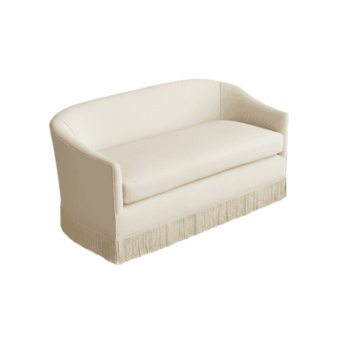 A light-colored, upholstered loveseat featuring a rounded back and integrated arms, with a distinctive fringed skirt along its base. — 3D model (AI enhanced source)