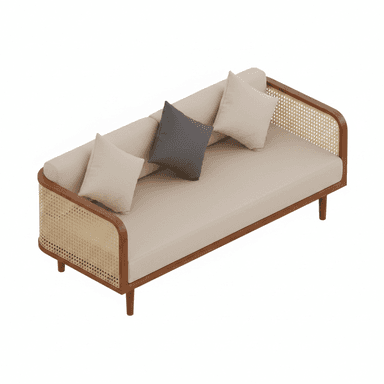 A modern daybed featuring a natural wood frame with cane webbing panels, a thick upholstered seat cushion, and loose throw pillows, designed for both seating and reclining. — 3D model (AI enhanced source)