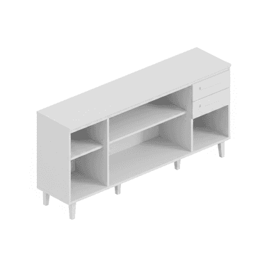 A long, low, white media console featuring a combination of open shelving compartments and two integrated drawers on the right side, supported by four splayed, tapered legs. The design is clean and minimalist. — 3D model (AI enhanced source)