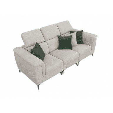 A modern light beige fabric sofa featuring three seat cushions, three backrests with individually adjustable headrests, and slim dark metal legs. It is accessorized with a mix of light green and dark green accent pillows. — 3D model (AI enhanced source)