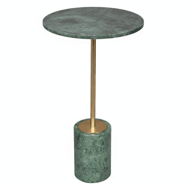 A circular side table with a dark green marble top and a cylindrical marble base. The top is supported by a slender brass stem, and a brass disc is visible at the junction between the stem and the base. The marble has a veined pattern. — 3D model (AI enhanced source)