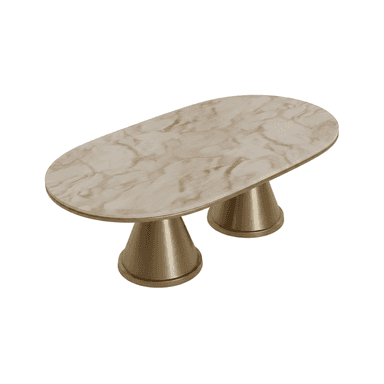 An elegant oval coffee table featuring a light-colored marble top with prominent natural veining, supported by two robust, inverted conical bases finished in a brushed gold metal, indicative of a modern and sophisticated design. — 3D model (AI enhanced source)