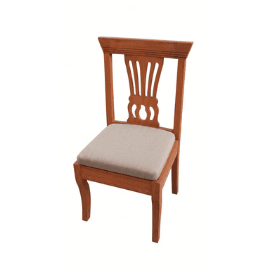 A traditional style armless dining chair featuring a decorative wooden backrest and a light-colored upholstered seat. — 3D model (AI enhanced source)