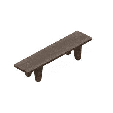 A rustic, low-profile wooden bench with a rectangular seat and four sturdy, block-like legs. The wood appears aged and has a visible grain pattern, suggesting a natural or distressed finish. — 3D model (AI enhanced source)
