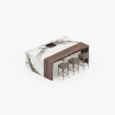 A contemporary kitchen island featuring a marble body with prominent veining, an integrated dark-colored sink, and an attached wooden bar counter. Three modern bar stools with gray upholstered seats and slender golden-toned metal frames are positioned beneath the wooden counter. The island exhibits clean lines and a minimalist aesthetic. — 3D model (AI enhanced source)