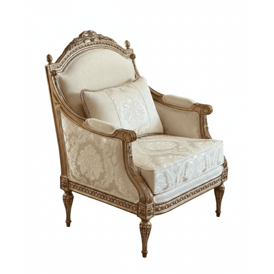 A highly decorative single armchair featuring a gilded, elaborately carved wooden frame and rich, patterned upholstery. The chair includes a separate seat cushion, back cushion, and a decorative throw pillow, all in coordinating fabric. — 3D model (AI enhanced source)