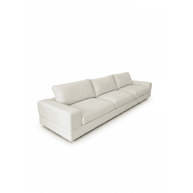 A long, contemporary sectional sofa featuring a low-profile design and generous proportions. It is upholstered in a light-colored, textured fabric with multiple deep seat cushions and plush backrests. The sofa includes wide, squared armrests, contributing to its modern and minimalist aesthetic. — 3D model (AI enhanced source)