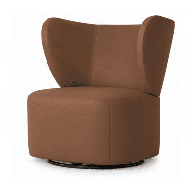 A contemporary lounge chair upholstered in rich brown leather, featuring a high, curved backrest and integrated arms. The chair has a cylindrical, fully upholstered base with a concealed swivel mechanism. — 3D model (AI enhanced source)