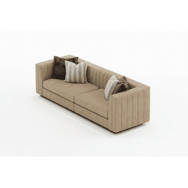 A contemporary three-seater sofa featuring channel tufting on its track arms and backrest, upholstered in a beige textured fabric. It has two large seat cushions and comes with three decorative throw pillows: two textured brown and one striped in beige and light blue. — 3D model (AI enhanced source)