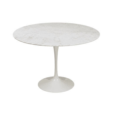 A round table featuring a polished white marble top with subtle gray veining, supported by a central, trumpet-shaped pedestal base finished in matte white. The design is characteristic of Mid-Century Modern aesthetics, notably resembling Eero Saarinen's iconic Tulip Table. — 3D model (AI enhanced source)