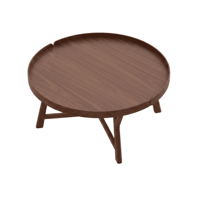 A modern round coffee table featuring a distinctive tray-style top and three splayed wooden legs, finished in a dark walnut tone. The top has a subtle raised edge, giving it a tray appearance, with small cutouts where the legs connect. The overall design is minimalist and contemporary. — 3D model (AI enhanced source)