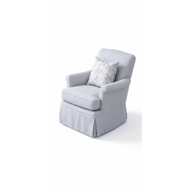 A light blue upholstered armchair featuring a skirted base, rolled arms, and a separate seat cushion. It includes a decorative throw pillow with a subtle floral pattern. — 3D model (AI enhanced source)