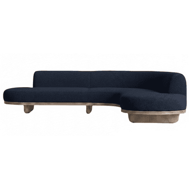 A modern, curved sectional sofa featuring dark blue boucle upholstery and a distinct light wood base with carved support legs. The sofa has an asymmetrical, organic shape, providing ample seating with a chaise-like extension on one side. — 3D model (AI enhanced source)