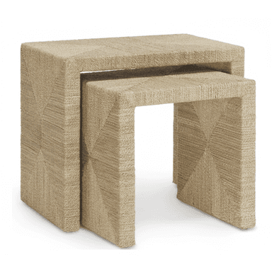 A set of two rectangular nesting tables, entirely wrapped in natural jute rope. The tables are designed to fit one inside the other, allowing for compact storage or flexible arrangement. The rope wrapping creates a textured surface with a subtle geometric pattern, particularly visible on the outer faces where the rope direction changes to form squares and triangles. — 3D model (AI enhanced source)